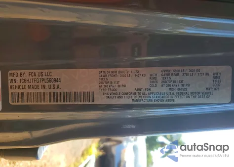 2023 Jeep Gladiator Overland z USA, uszkodzony, nr VIN 1C6HJTFG7PL560944